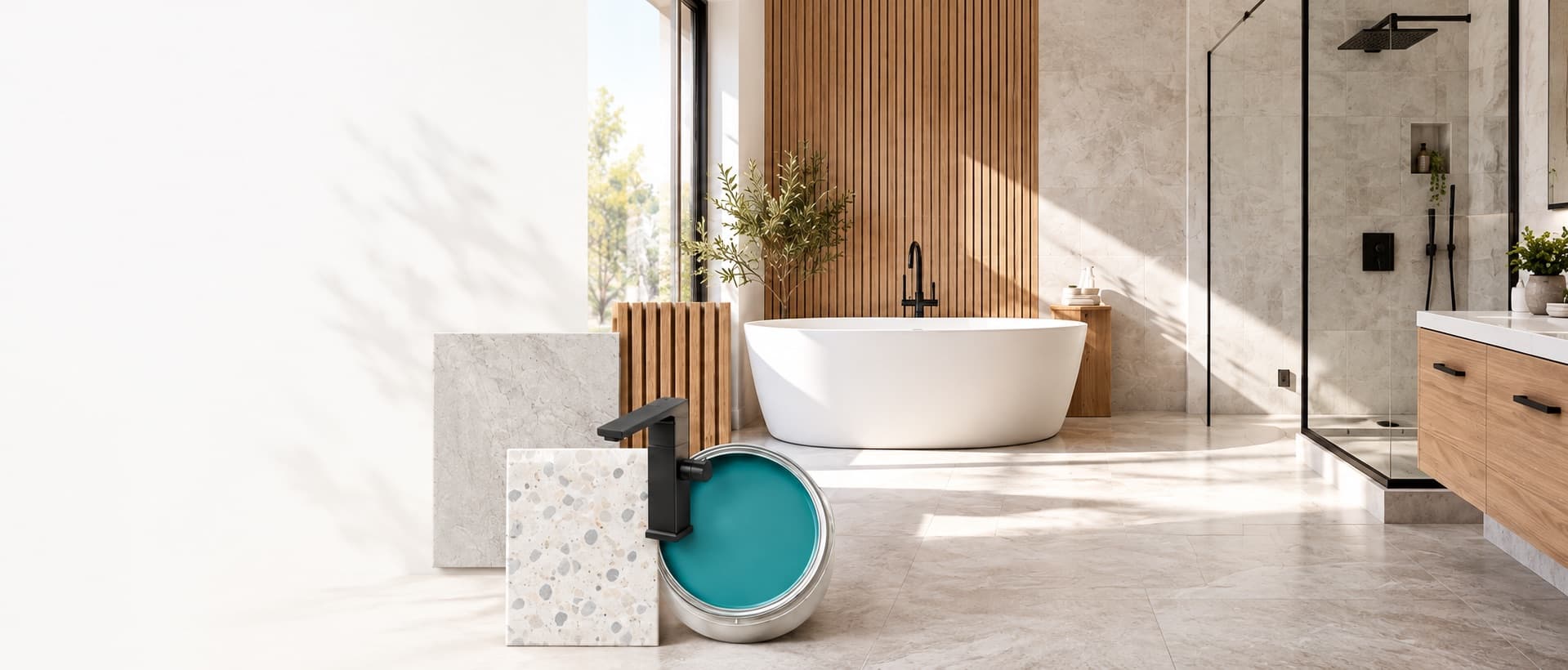 A finished bathroom with porcelain tile, a freestanding tub and a matte black faucet