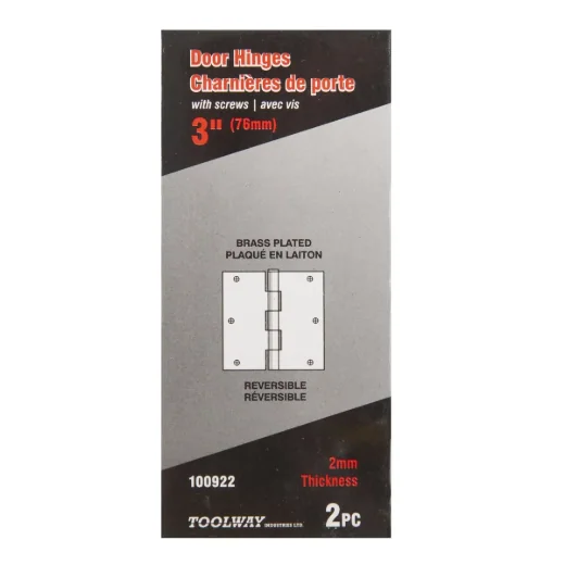 2 pc Door Hinge 3in x 3in x 2 mm Square Corner Brass Plated Steel