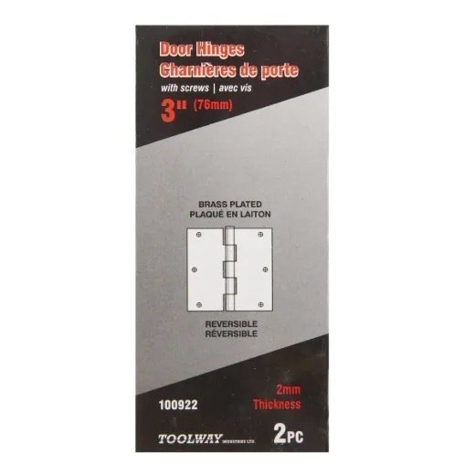 2 pc Door Hinge 3in x 3in x 2 mm Square Corner Brass Plated Steel