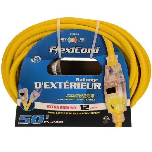 Extension Cord Outdoor SJTW 12/3 Lighted Single Tap 50ft - Yellow
