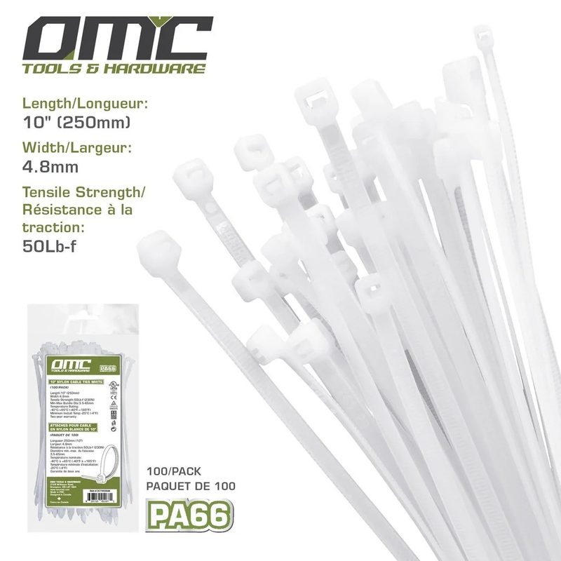 Nylon Cable Ties White (100-Pack) - 10 in.